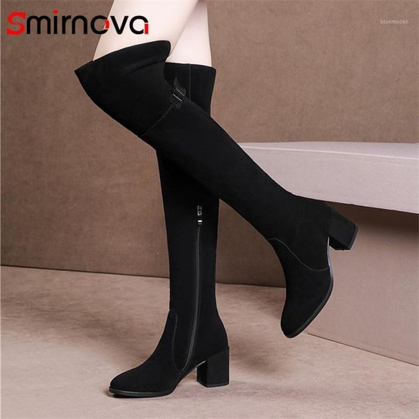 

smirnova long boots ladies 2020 popular high heels cow suede leather boots over the knee zipper shoes woman1, Black