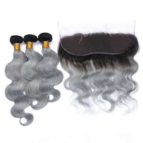 

1b grey ombre brazilian hair with frontals 4pcs lot two tone 3bundles virgin brazilian siver grey hair with lace frontal 13x4 body wave, Black