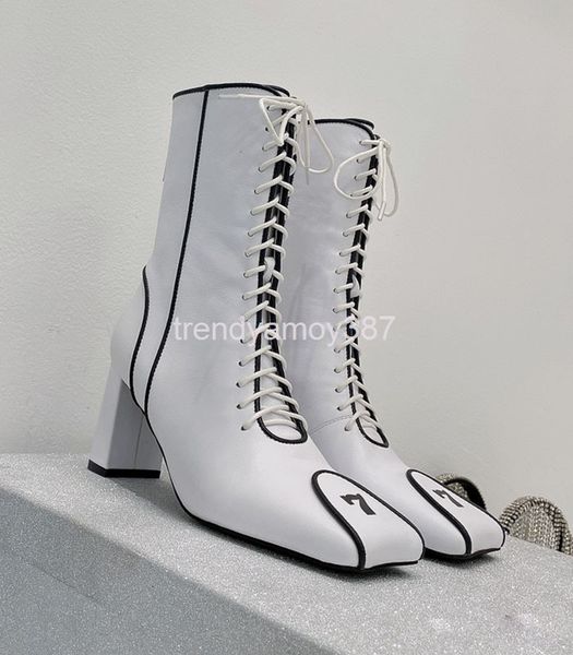 

boots trendy niche design net red square head bandage high heel thick middle tube boots cowhide women's street fried zipper, Black