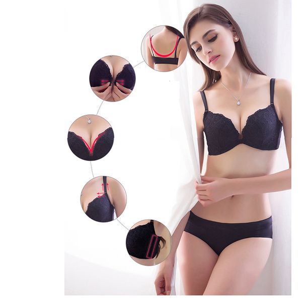 

elovegirl push up deep v brassiere lace panties thin breathable bra set jacquard underwear ing, Red;black