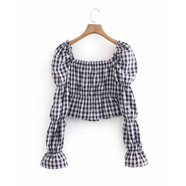 

new black white plaid crop women spring 2021 square neck elastic puff long sleeve blouse female streetwear ladies 0veb