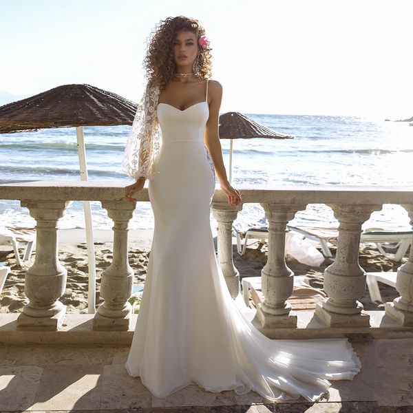 2021 new beach wedding charming one shoulder sweetheart applique illusion back mermaid bridal es 3pco, White