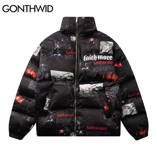 

gonthwid thick warm parkas jackets poster print cotton padded zipper coat hip hop casual streetwear winter harajuku outwear lj201216, Black