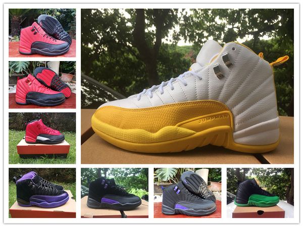

12 xii dark concord reverse flu game leather suede sports shoes jumpman 12s red black purple green yellow mens trainer, White;red