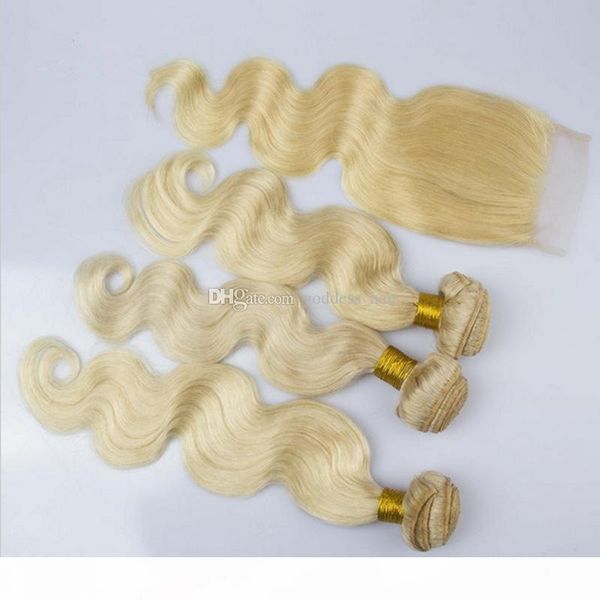 

russian 9a hair lace closure with bundles 3 bundles body wave 613 platinum human hair weaves with lace closure, Black