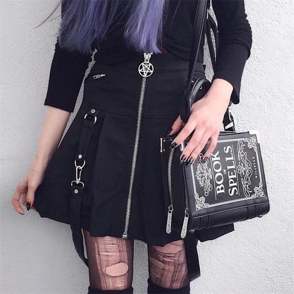 

women mini skirts punk gothic hip hop club aline high waist solid zipper button rock summer female goth skirt, Black
