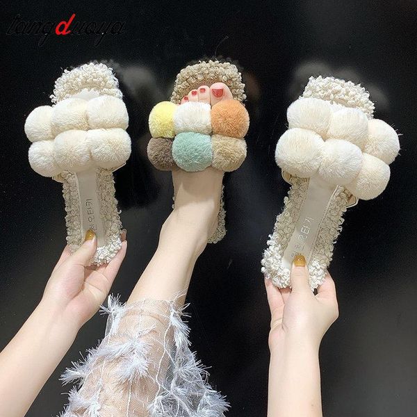 

slippers rome style women retro summer soft hairball casual shoes outdoor plus size slipper plush winter autumn chaussures, Black