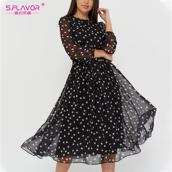 

s.flavor vintage dot printing women chiffon dress autumn winter fashion casual dress boho beach women a-line vestidos 201028, Black;gray