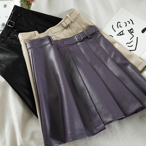 

t672 корейский стиль модный ins осень и зима новая высокая талия стройная сшитая искусственная кожаная сумка бедра юбка y1214, Black