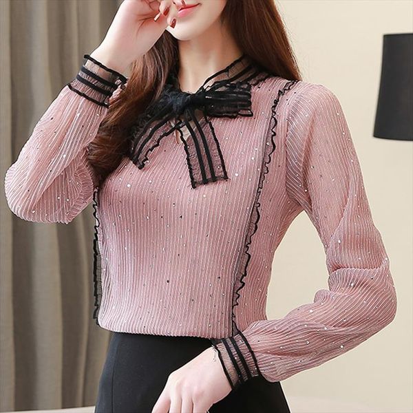 

new arrival 2020 spring blouse women fashion sequins blouse shirt female long sleeve bow tie office lady clothing 912j, White