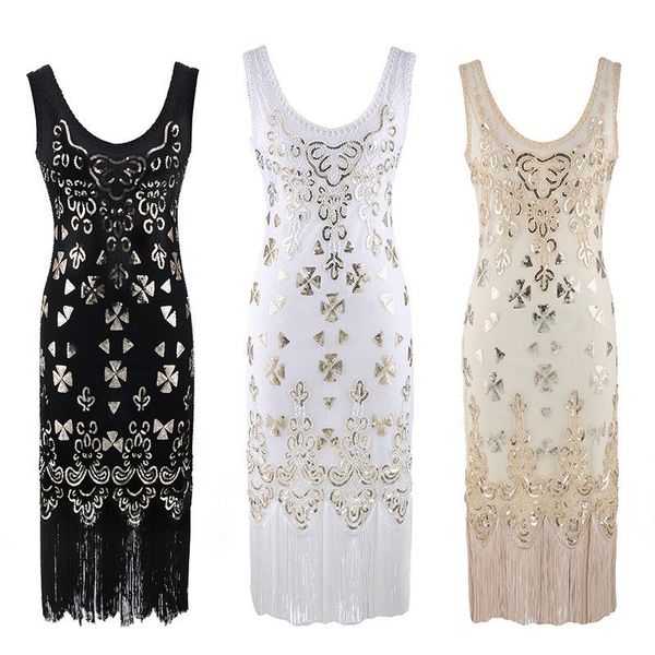 

beauty-emily elegant v neck evening dresses sleeveless sequins appliques beads tassel party prom gowns women dress 2021 new, White;black