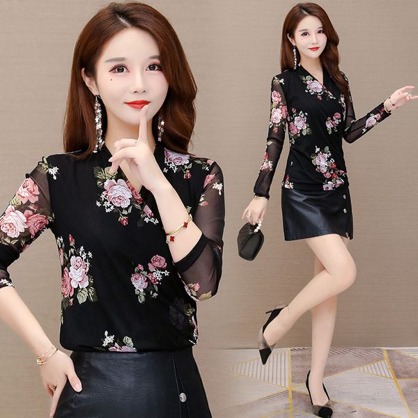 

2021 new plus size print long sleeve shirt fashion office lady style women blouse v-neck feminina shirt d7vs, White