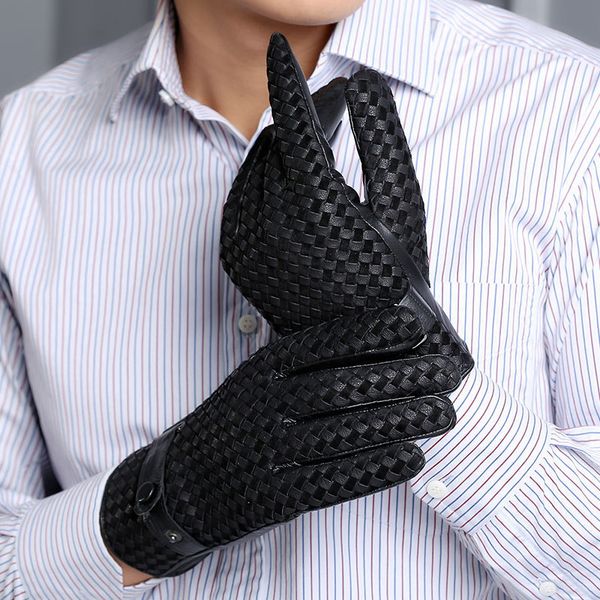 

new genuine leather men' gloves autumn winter thermal plush lined woven sheepskin gloves male black coffee m0130-2 201020, Blue;gray