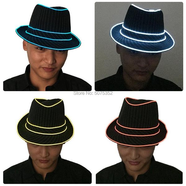 Cappelli a tesa larga GZYUCHAO EL Night Glowing Fedora Cappello estivo a tesa larga Jazz-Cap Led luminoso per spettacolo teatrale Dance DJ Club