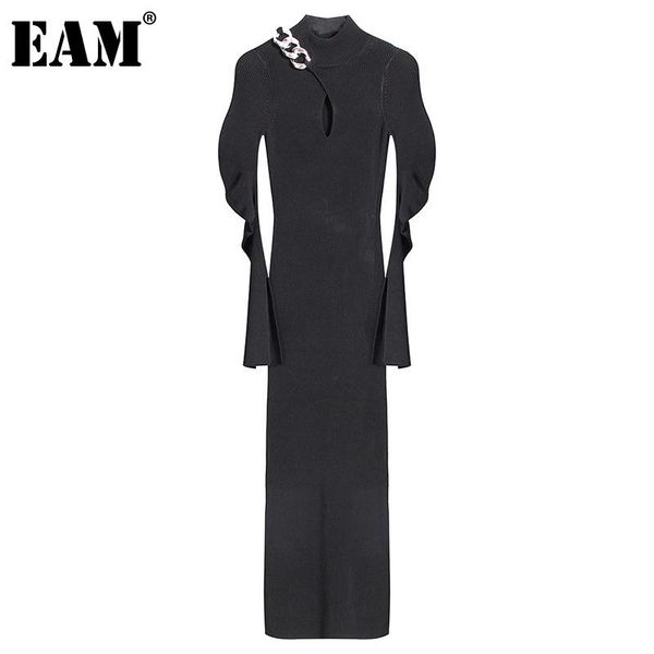 

eam] women metal chain hollow out long knitting dress new turtleneck long sleeve loose fit fashion spring autumn 2021 1dc787, Black;gray
