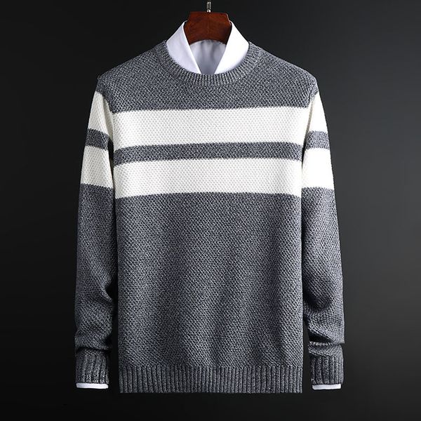 

2021 new mens autumn casual cotton knitted solid color stripe pattern slim sweaters long sleeve round collar male warm pullovers zytq, White;black