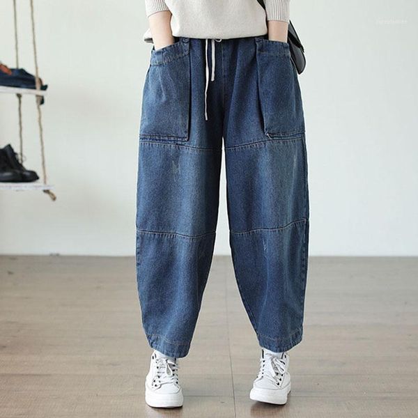 

spring loose denim harem pants elastic waist casual baggy double pockets jeans woman washed trousers vaqueros mujer1, Blue