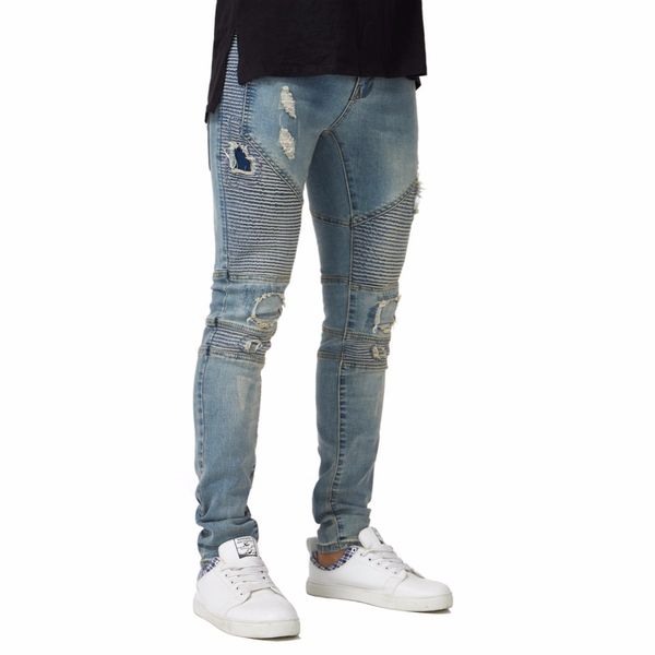 

men's new biker stretch ny motorcycle destroyed distressed ripped jeans, Blue