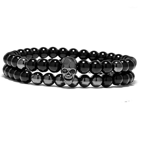 

2020 fashion silver plated skeleton skull bracelet men natural stone beaded luxury bracelets men jewelry zx51, Golden;silver