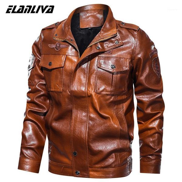 

2020 new fashion mens leather jacket chest big pockets brown leather jacket men zipper motocycle plus size coats1, Black