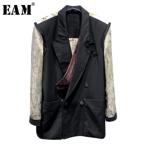 

[eam] women black back printed big size blazer new lapel long sleeve loose fit jacket fashion tide spring autumn 1x035 201102, White;black