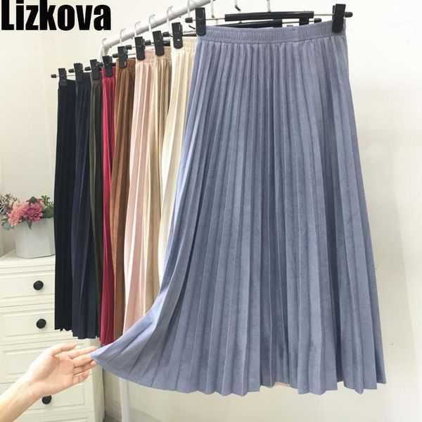

woman skirts solid color faux suede leather pleated skirt elastic waist winter elegant ladies skirts1, Black