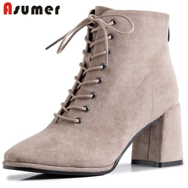 

boots asumer 2021 arrival autumn winter ankle women flock round toe lace up high heels dress shoes woman short, Black