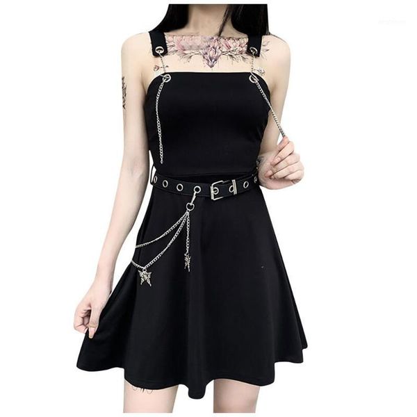 

casual dresses fashion atmosphere round neck simple short women gothic dress punk hollow out patchwork with butterfly belt1, Black;gray