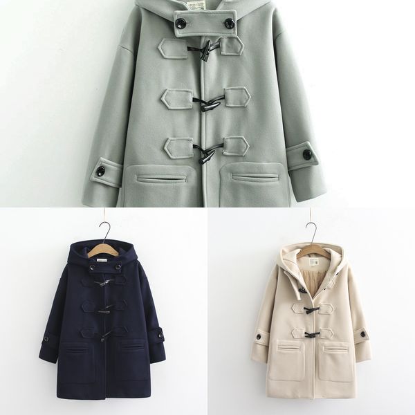 

cow horn buckles coats women autumn and winter long woolen coat hooded student small coatx1016, Black;brown