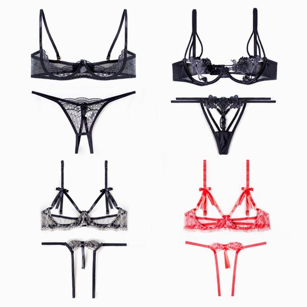 

transparent female underwear set lace unlined push up bra embroidery bra and brief set ladies intimate lingerie, Red;black