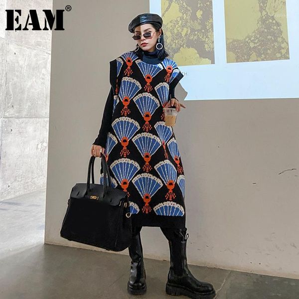 

eam] women jacquard black big size knitting dress new round neck sleeveless loose fit fashion tide autumn winter 2021 1dd06571, Black;gray