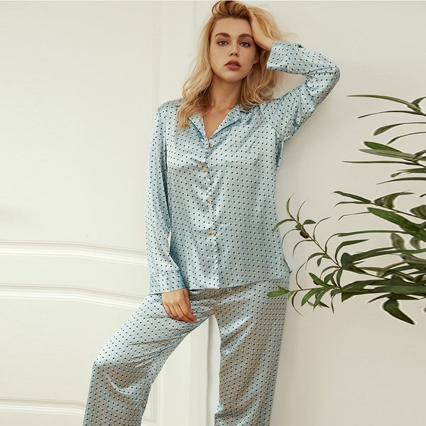 

2021 new women's spring summer pajamas set silk dot female sleepwear down collar long sleeve single breasted pijama jvd8, Black;red
