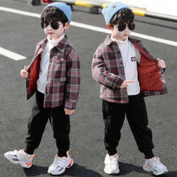 

cuhk boys' plus cotton long sve plaid inch shirt children's winter thick coat, White;black