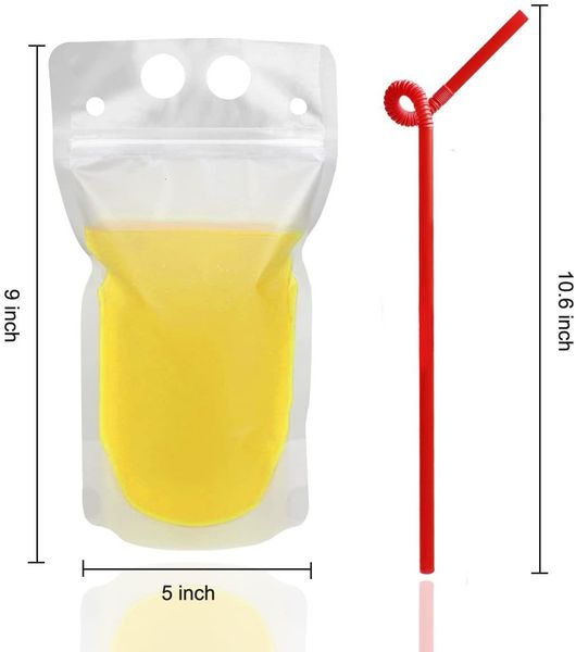 

straw bags smoothie juice with 100 straws, heavy duty hand-held translucent reclosable ice drink pouches