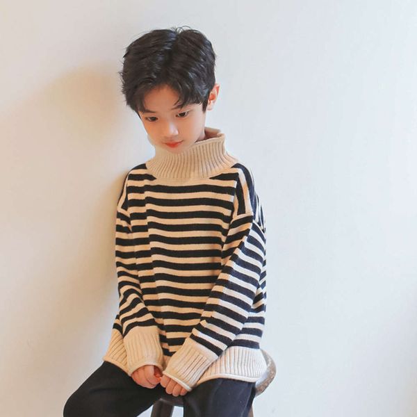

autumn winter clothing new boys' versatile striped turtleneck 2020 middle and large children's trendy long sve, Blue