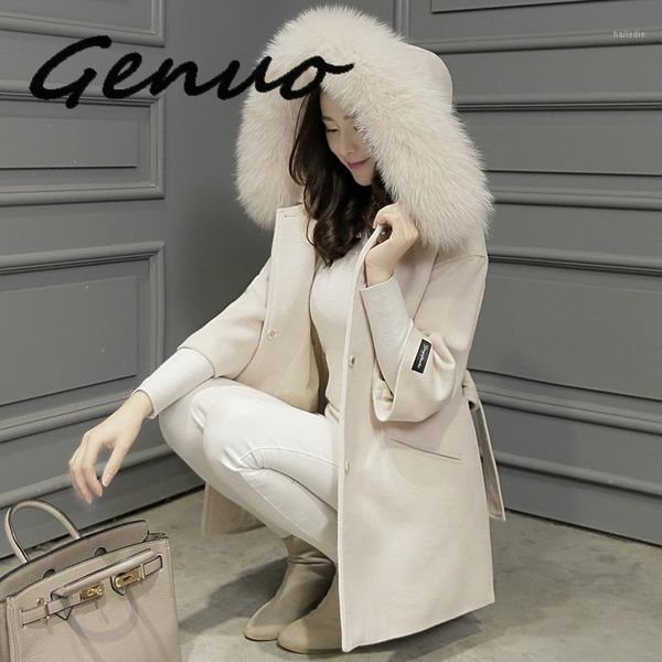 

genuo new 2020 faux fur collar hooded womens wool coat lady fashion single breasted female suit slim casaco feminino1, Black