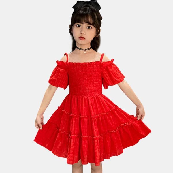 

girl's dresses girls dress off shoulder girl summer solid kids party big clothes 6 8 10 12 14 years1, Red;yellow