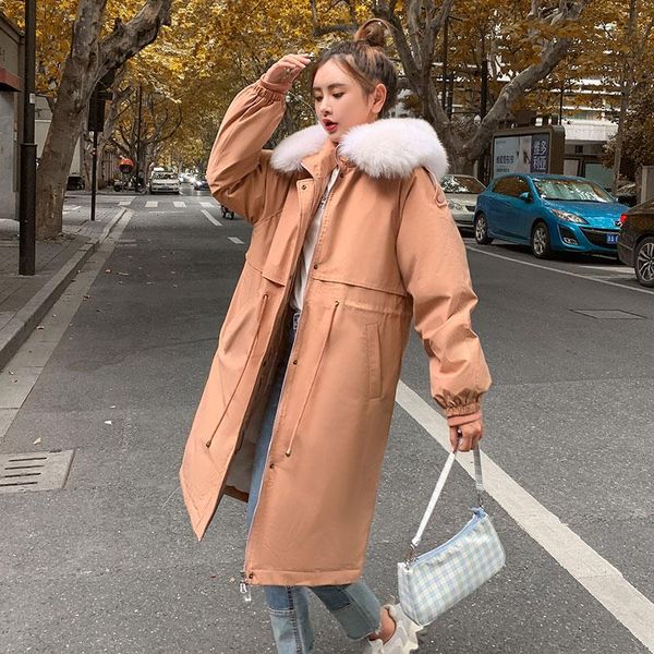 

women's down & parkas long hooded winter jacket casual women adjustable waist solid color fur collar parka coat, Black