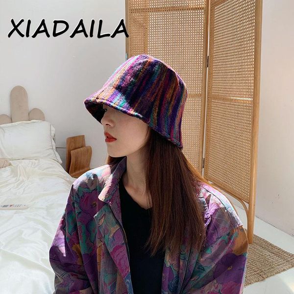 

new woolen cloth panama winter warm fisherman's hat for women fashion tie-dyed color vacation cap thickened soft bucket hat, Blue;gray