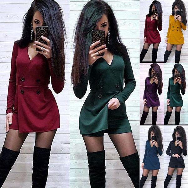 

6 colors women solid color long sleeve v neck short pants slim style jummpsuit(s-3xl)1, Black;white