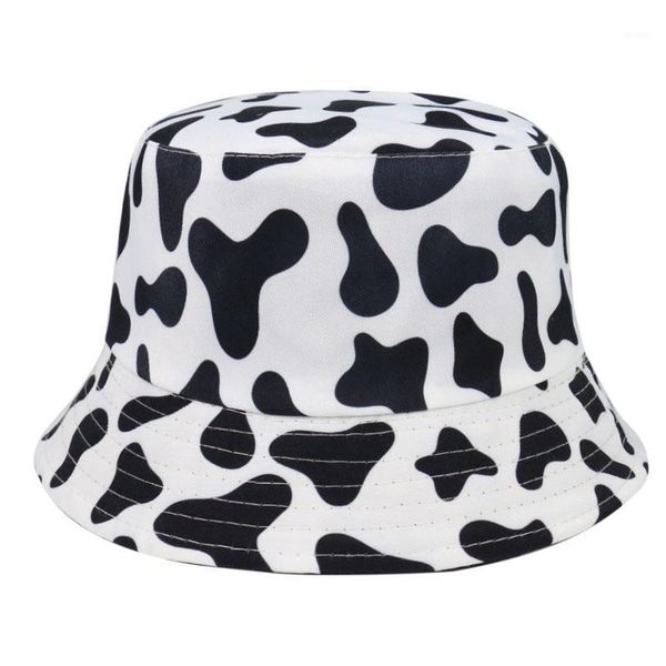 

new fashion reversible black white cow pattern bucket hats fisherman caps for women gorras summer cartoon bucket hat1, Blue;gray