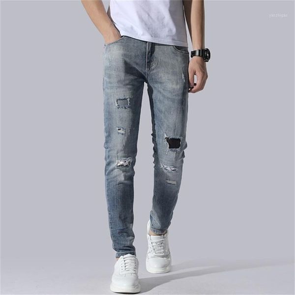 

spring / summer 2020 men's mid-rise ankle-length jeans elastic slim hole patch patches jeans1, Blue