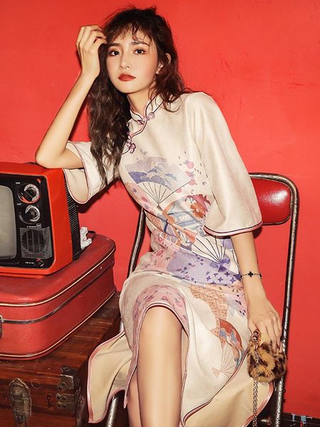 

retro chinese style loose plus size long sleeve cheongsam, Red