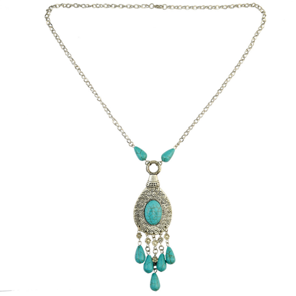 

pendant necklaces fyjs unique silver plated water drop green turquoises stone link chain necklace ethnic style jewelry