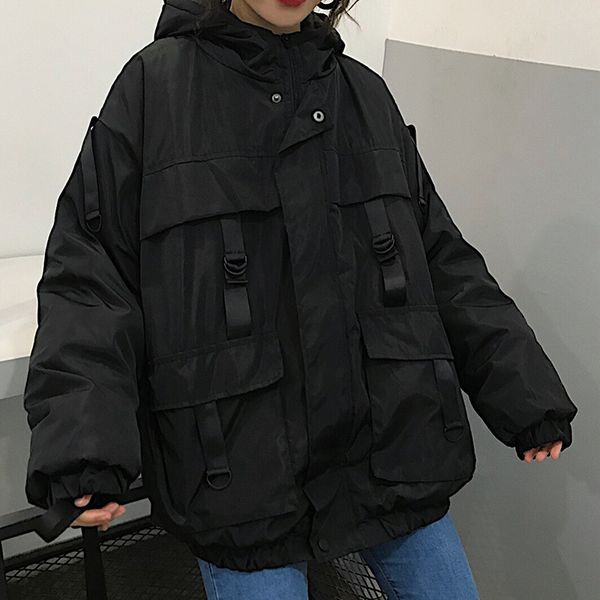 

harajuku hip-hop carga parkas inverno 2020 coreano engrossar com capuz outono novo preto streetwear bf estilo solto casaco outwear 60ap, Black