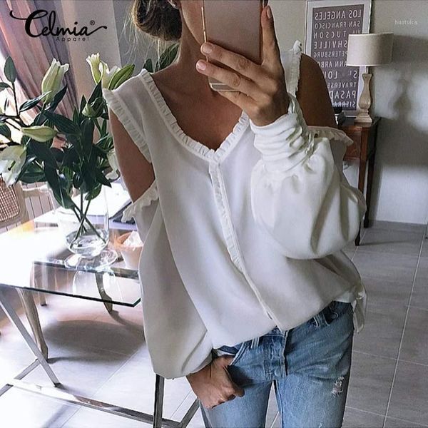 

celmia plus size fashion women long sleeve off shoulder blouses ladies v-neck casual work party blusas solid ruffle shirts 71, White