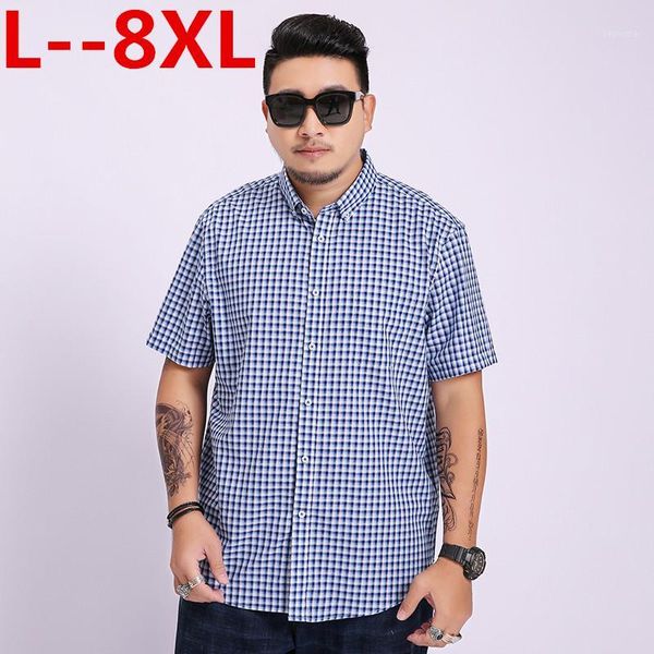 

plus 8xl 6xl 5xl men fashion slim fit casual plaid shirt men dress shirts short sleeve social mens shirt striped chemise homme1, White;black