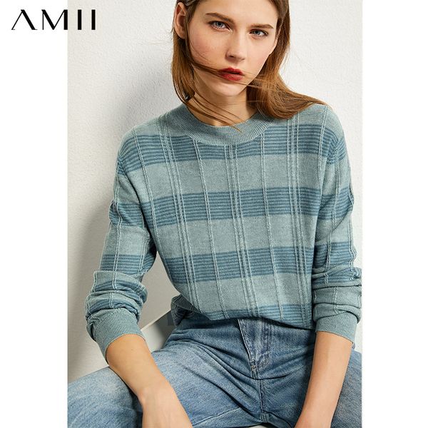 

amii minimalism autumn vintage fashion women sweater plaid oneck loose women pullover causal female sweater 12020225 c1120, White;black
