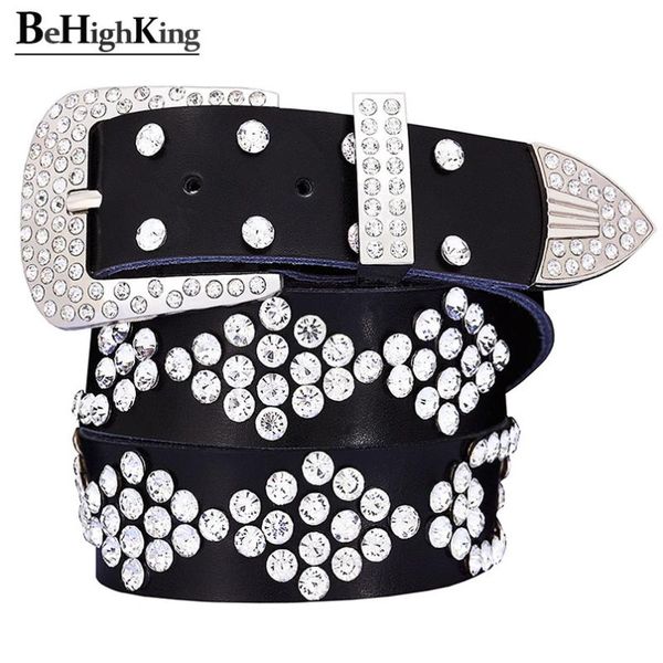 

fashion genuine leather rhinestone belts for women diamond cow skin belt woman waist strap for jeans 3.3 cm wide, Black;brown