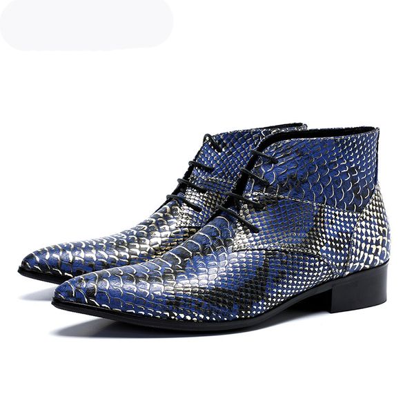 El yapımı erkekler çizmeler ayakkabı sivri burun mavi deri ayak bileği çizmeler balık ölçekli desen botas hombre parti ve düğün botas